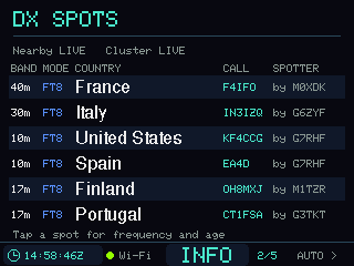 DX Pilot DX spot list showing countries, bands, modes and callsigns